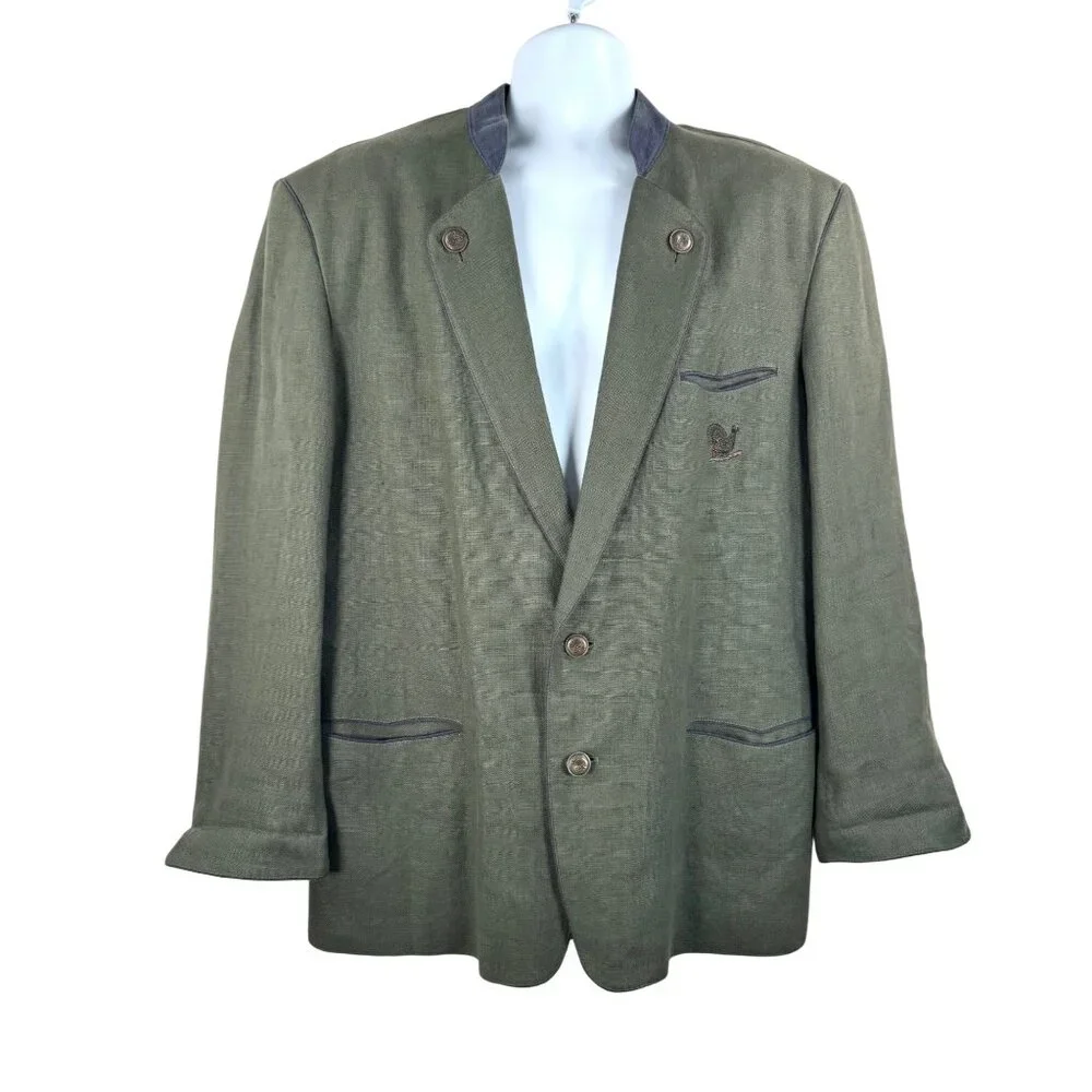 Lodenfrey Linen academia‎ embroidered military blazer olive 90s sz 46(L/XL)